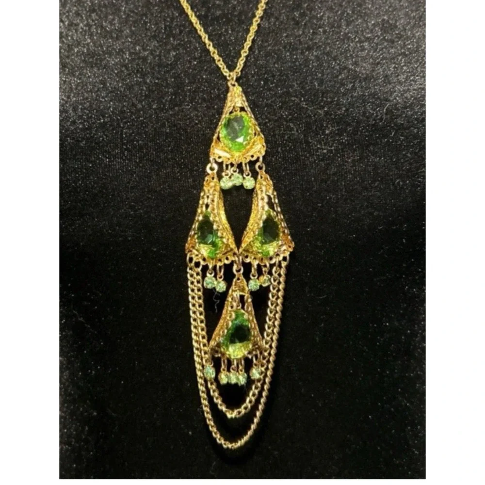 Vintage PARK LANE Necklace Rhinestone Green Gold Tone 22" Long Statement GLOW - Picture 3 of 16